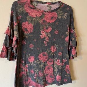 E. Luna, grey floral print top, ruffled sleeves, L, good condition